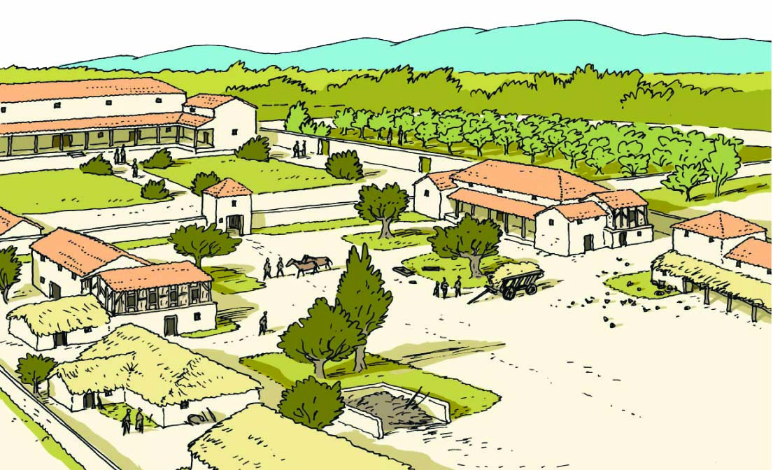 Dessin de reconstitution d'une villa antique. On y voit des bâtiments blancs avec un toit rouge briques. Il y a des espaces arborés.