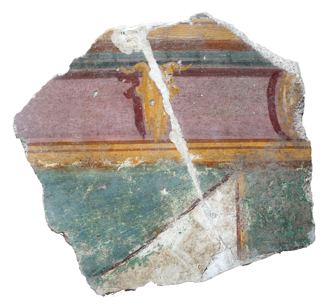 Fragment de peinture (enduit peint) romaine. En haut, il y a un bandeau rose. Sur le bandeau il y a un crâne de bœuf doré et un cercle doré. En dessous, il y a un plus petit bandeau doré. En bas, il y a un fond blanc et le début d'une tenture verte. 
