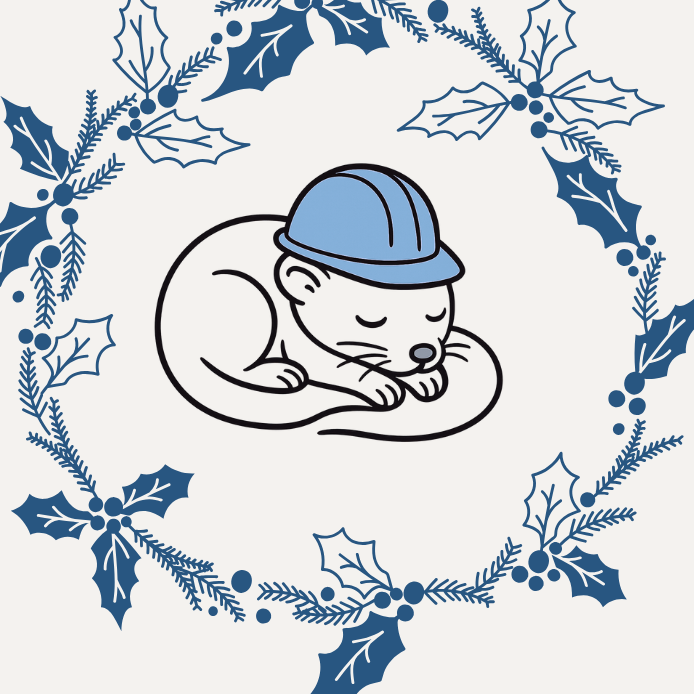 Visuel annonçant la fermeture hivernale. Le fond est blanc cassé. Les dessins sont en bleu : une belette avec un casque de chantier dort. Elle est entourée par une couronne de gui. 